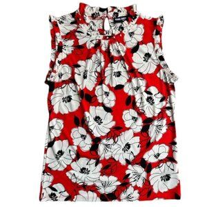 Karl Lagerfeld Women's Red Floral Sleeveless Ruffled Blouse Pearl Accents Med